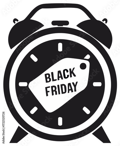 Stylized Alarm Clock with Black Friday Price Tag Icon Design for Shopping Sales Event, Deadline, or Time Sensitive Offers