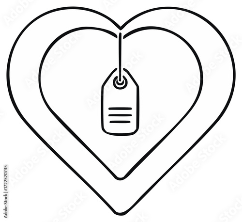 Heart with a hanging price tag line icon symbolizing love for sale or shopping passion