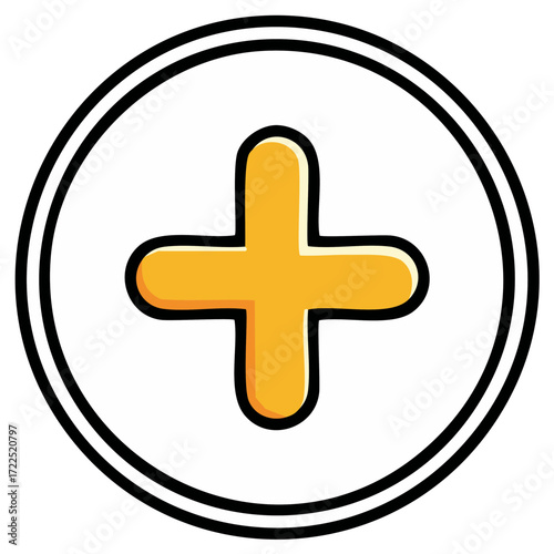 Cartoon illustration depicting a yellow plus sign with an outline inside a double circle.