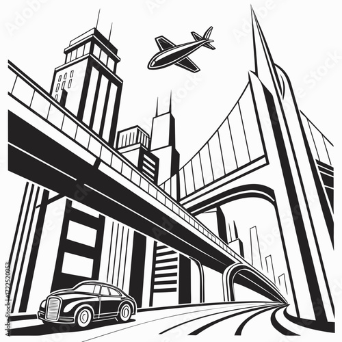 Dynamic black and white illustration of a futuristic cityscape with a vintage car elevated highway and airplane soaring through the sky