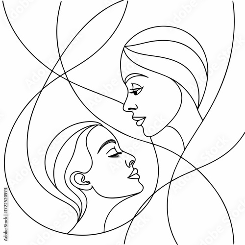 Elegant abstract line art illustration of two women s faces in profile conveying connection and intimacy with flowing curves and minimalist design