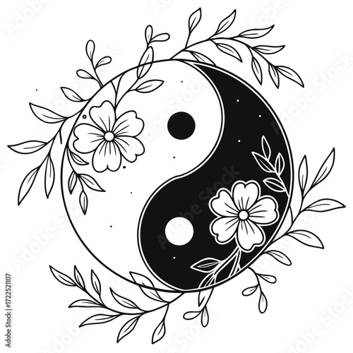 Elegant black and white yin yang symbol adorned with delicate floral branches and flowers representing harmony balance and nature in a circular design