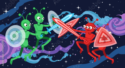 Green and Red Aliens Engaged in a Cosmic Sword Fight.