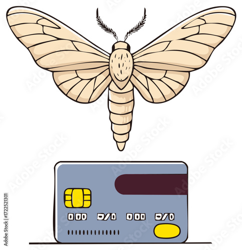 Moth attracted to credit card representing temptation or financial allure