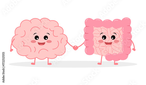 Connection of cute healthy happy brain and intestine gut characters. Concept Relation health of human brain and gut, second brain. Unity of mental and digestive. Vector illustration