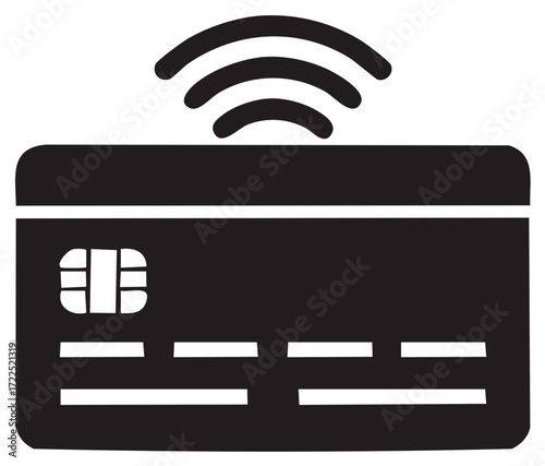 Simple black icon of a contactless credit card with chip for wireless payment