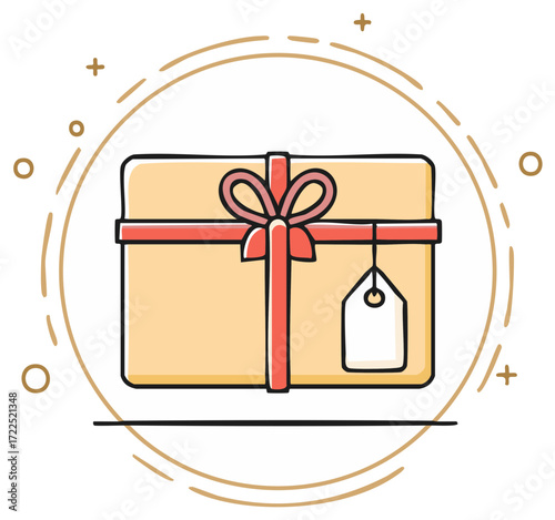 Simple doodle style gift box illustration with a red ribbon bow and a blank tag for celebrations