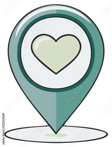 Green map pin with a heart icon for favorite places loved locations or romantic destinations
