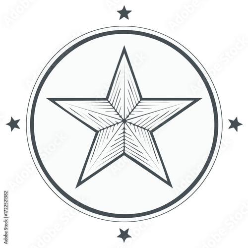 Classic Engraved Style Five Pointed Star Emblem in a Circular Frame with Decorative Stars