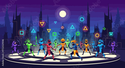 Group of diverse characters in futuristic suits dancing on a circular stage.