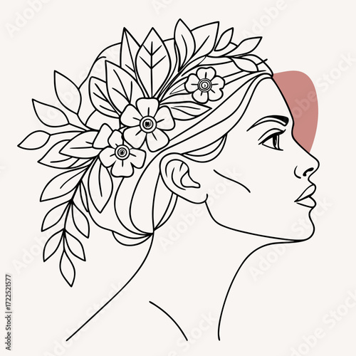 Elegant line art profile of a woman adorned with flowers and leaves in her hair set against a minimalist backdrop with a soft blush accent