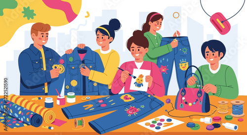 Group of friends customizing clothes and accessories with patches and paint.
