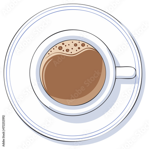 Simple Top View Illustration of a Fresh Cappuccino in a White Cup and Saucer