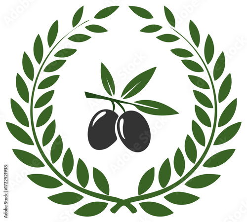 Elegant Olive Branch Wreath Symbol with Two Olives, Mediterranean Design, Natural Food Element, Green Decoration