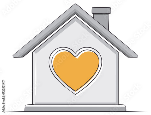 Illustration of Loving House with Heart Shaped Window and Chimney, Symbol of Home, Family and Affection, Simple Building Shape, Warm Feeling
