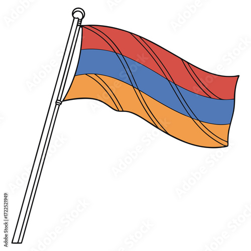 Illustration of the armenian flag waving on a flagpole featuring horizontal stripes of red blue and orange