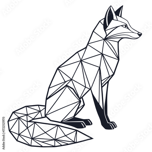 Geometric fox illustration in a minimalist style with sharp lines and angular shapes sitting in profile on a white background representing nature and modern design