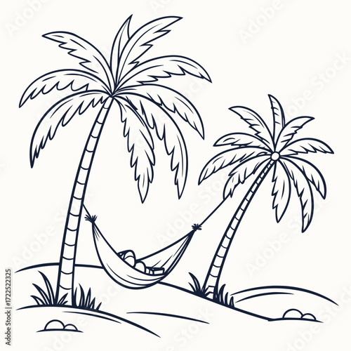 Relaxing scene with a person sleeping in a hammock strung between two palm trees on a tropical island beach with rolling dunes and grass