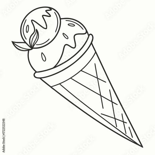 Simple black and white line drawing of a delicious ice cream cone with two scoops and a drizzle of sauce perfect for summer treats and creative projects