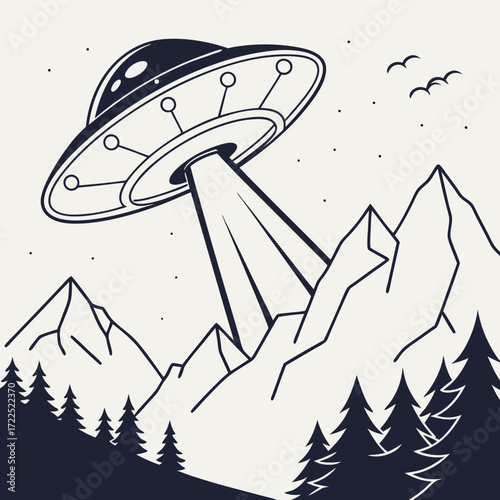 Retro style illustration of a classic flying saucer alien spacecraft beaming light down onto a mountainous forest landscape with stylized trees and birds in the sky