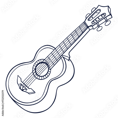 Simple line drawing of an acoustic guitar with six strings and tuning pegs isolated on a white background perfect for music related designs and illustrations