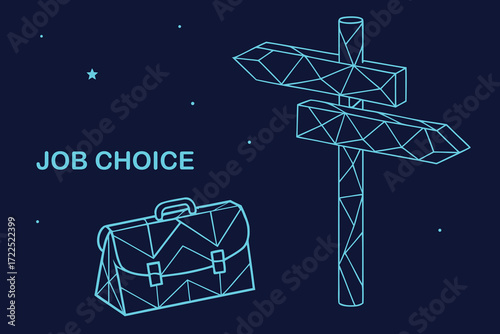 Briefcase and signpost with text JOBCHOICE on a dark blue background with stars choice career
