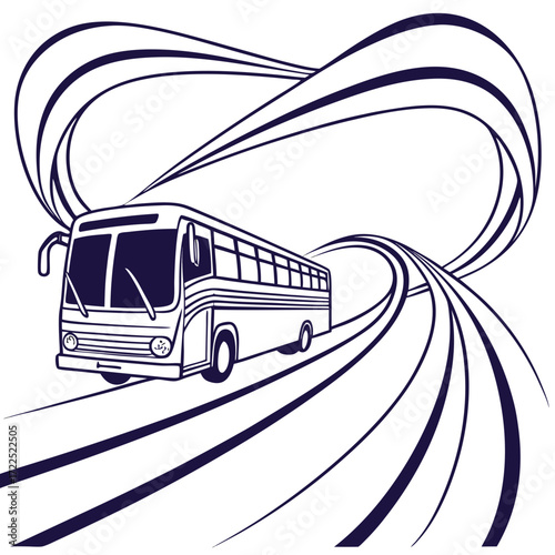 Stylized illustration of a modern bus traveling on a winding road with abstract curved lines creating a sense of motion and speed