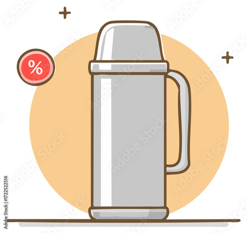 Insulated travel thermos bottle cartoon illustration with a sale percentage symbol