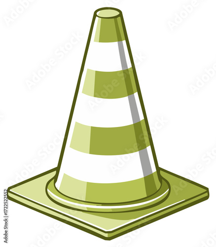 Illustrative Green and White Striped Traffic Cone Standing Upright Indicating Caution, Warning and Temporary Road Construction Hazard