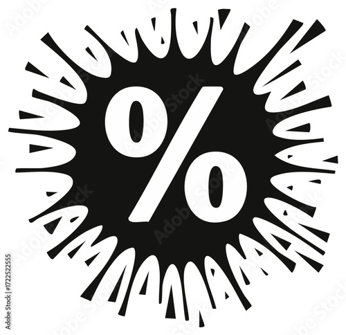 Bold black and white percentage symbol exploding with dynamic energy for sales promotions
