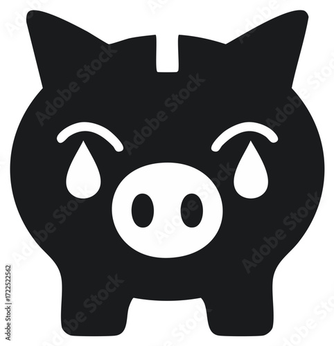 Sad crying piggy bank icon symbolizing financial trouble, debt, and poverty