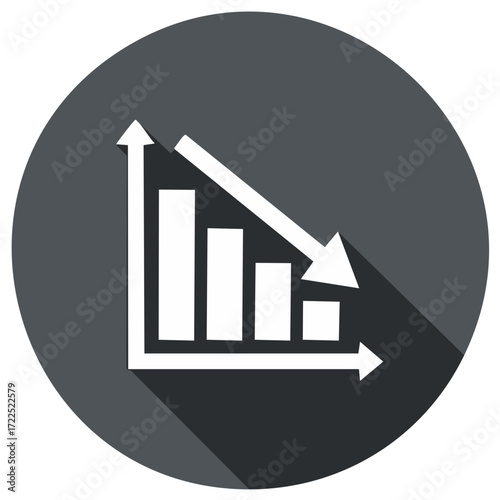 Declining bar chart arrow pointing down and right showing negative progress