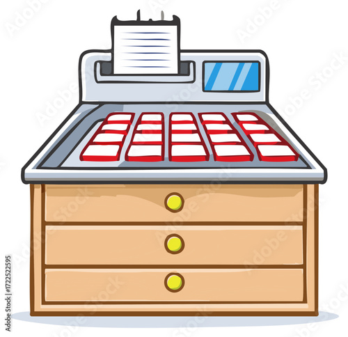 Classic cartoon cash register with receipt paper, display, and wooden storage drawers