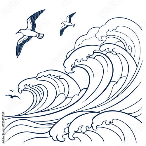 Stylized illustration of powerful ocean waves and soaring seagulls in a classic line art style on a white background