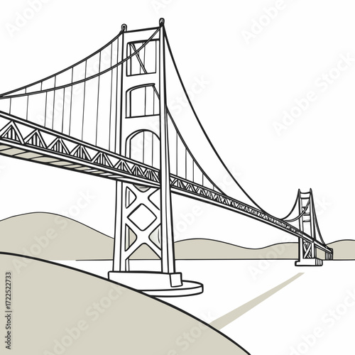 Stylized line drawing of the golden gate bridge in san francisco california showcasing its iconic towers and suspension cables against a minimalist landscape and water
