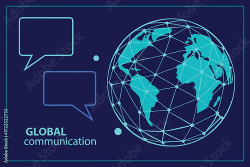 Digital globe with network lines and speech bubbles symbolizing global communication and connection earth