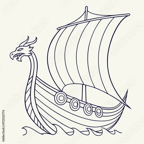 Stylized outline illustration of a viking longship with a dragon head prow sailing on wavy water under a striped sail against a plain background