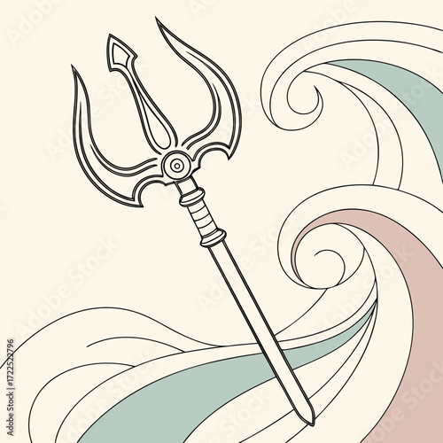 Stylized trident weapon with flowing abstract waves in pastel colors symbolizing power and the sea perfect for mythological or fantasy themes