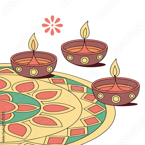 Three lit diyas placed on a colorful rangoli pattern with a small floral motif in the background celebrating the festival of lights