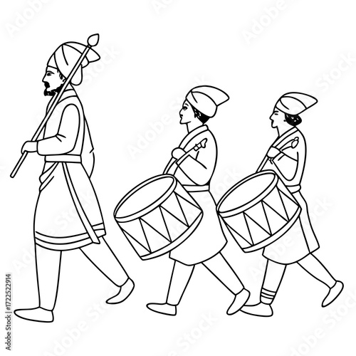Traditional indian musicians in procession a leader with a staff and two drummers playing their instruments in a stylized line drawing