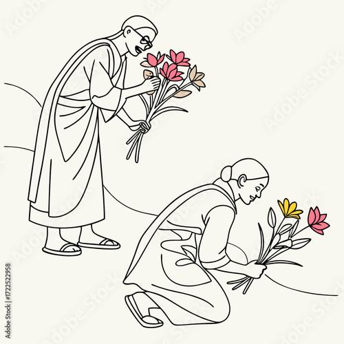 Two figures in traditional robes tending to flowers one standing and smelling the bouquet the other kneeling and gathering blooms symbolizing nature and care