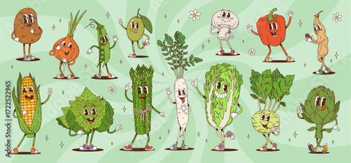 Cartoon groovy vegetable characters with funny faces and funky smiles, cartoon vector personages. Groovy potato with onion and asparagus or corn character with happy smile and hippie finger gestures