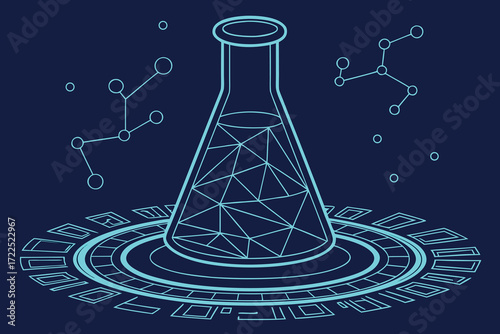 Futuristic Science Flask with Molecular Structures and Geometric Base beaker laboratory