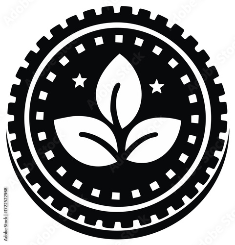 Organic Product Seal with Three Leaves and Stars in Black and White