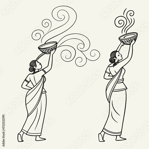 Two indian women in traditional attire performing a ritual holding bowls with smoke or steam rising in decorative swirls symbolizing tradition and spirituality