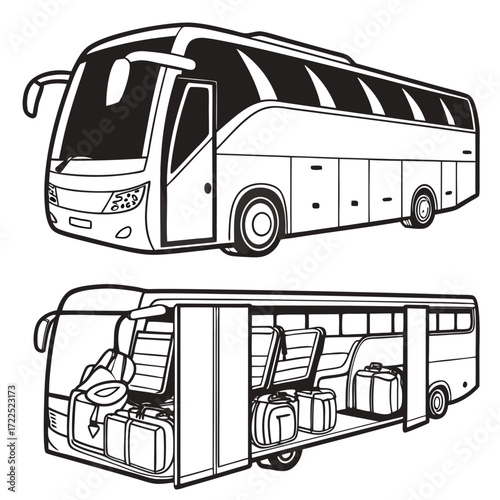 Vector illustration of a modern tour bus shown from the exterior and interior with luggage loaded for travel and transport