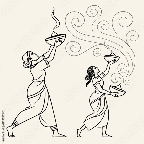 Two women in traditional indian attire hold lamps emitting smoke and decorative swirls symbolizing a ritual or celebration