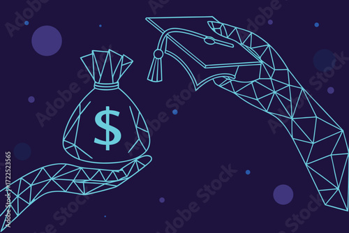 Hands Holding Money Bag And Graduation Cap With Dollar Sign In Geometric Network finance education