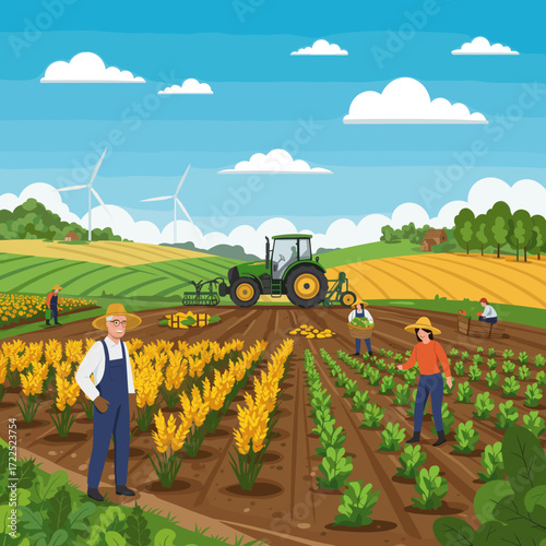 A modern tractor working in a large green field with wind turbines in the background, showing sustainable farming.