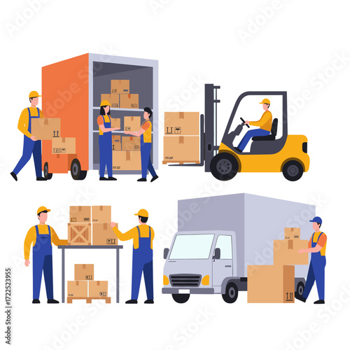 Workers load goods into a truck with the help of a forklift, showing the delivery and logistics process.